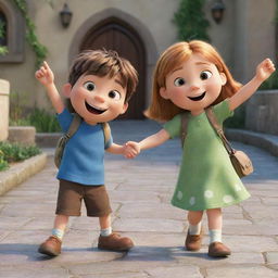 A heartwarming scene of cartoon characters Finn and Fiona joyfully waving goodbye with bright, friendly smiles.