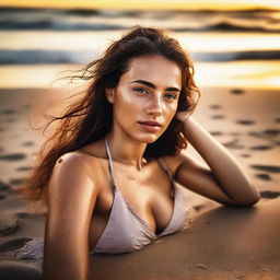 A girl lying on the beach, wet from the sea, with a sultry expression