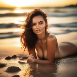 A beautiful girl lying provocatively on the beach, wet from the sea, with a sultry expression