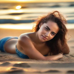 A beautiful girl lying provocatively on the beach, wet from the sea, with a sultry expression