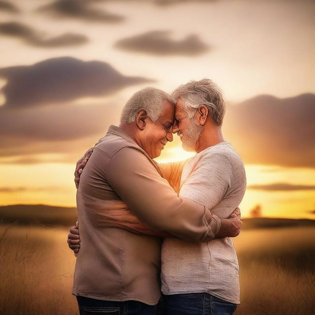 A heartwarming scene of two men in a loving embrace, set against a beautiful sunset backdrop