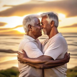 A heartwarming scene of two men in a loving embrace, set against a beautiful sunset backdrop