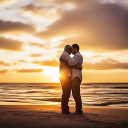 A heartwarming scene of two men in a loving embrace, set against a beautiful sunset backdrop