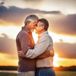 A heartwarming scene of two men in a loving embrace, set against a beautiful sunset backdrop