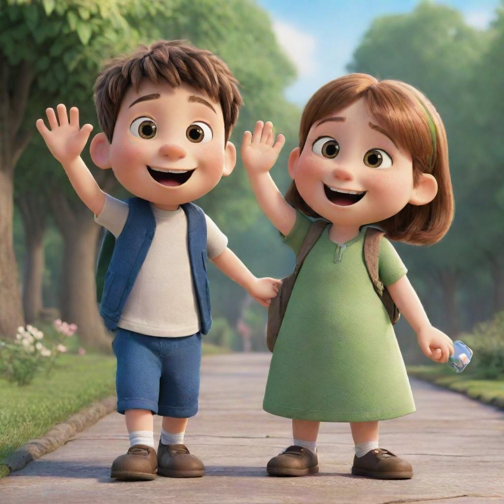 A heartwarming scene of cartoon characters Finn and Fiona joyfully waving goodbye with bright, friendly smiles.