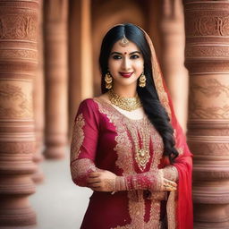 A beautiful Indian woman with traditional attire, adorned with intricate jewelry and henna designs on her hands