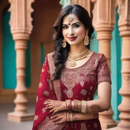 A beautiful Indian woman with traditional attire, adorned with intricate jewelry and henna designs on her hands