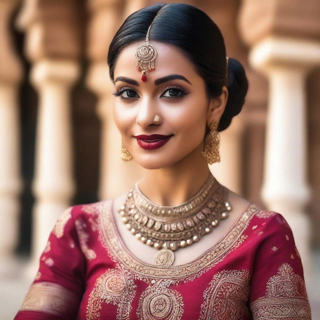 A beautiful Indian woman with traditional attire, adorned with intricate jewelry and henna designs on her hands