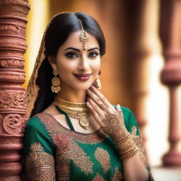 A beautiful Indian woman with traditional attire, adorned with intricate jewelry and henna designs on her hands