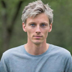 A tall, young man with short, messy, gray hair. He has blue eyes and is dressed in casual style clothing.