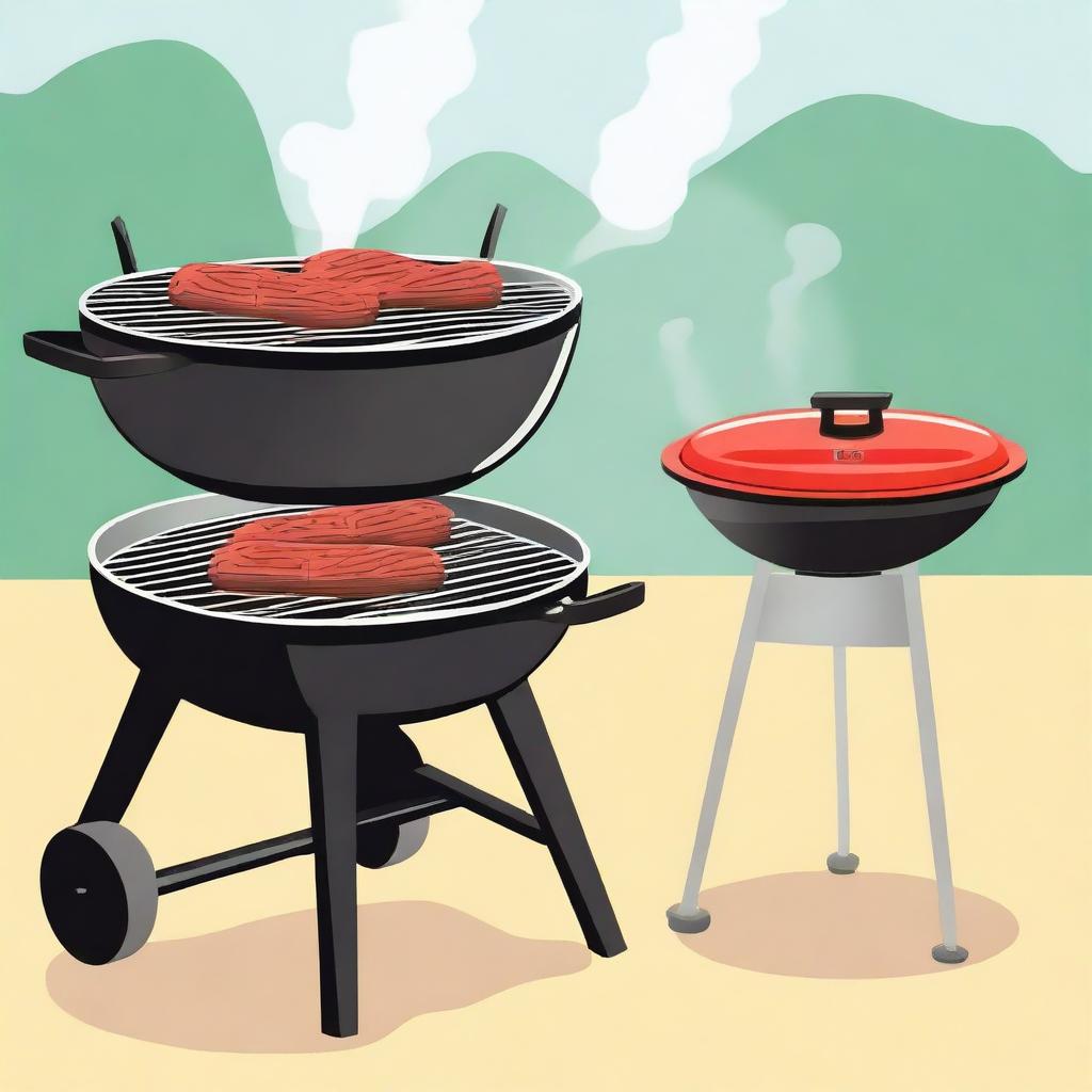 An illustration depicting a modern electric grill being used for a barbecue, with a traditional charcoal grill in the background