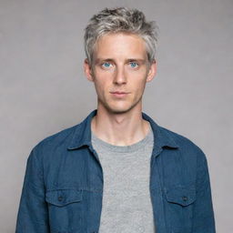 A tall, young man with short, messy, gray hair. He has blue eyes and is dressed in casual style clothing.