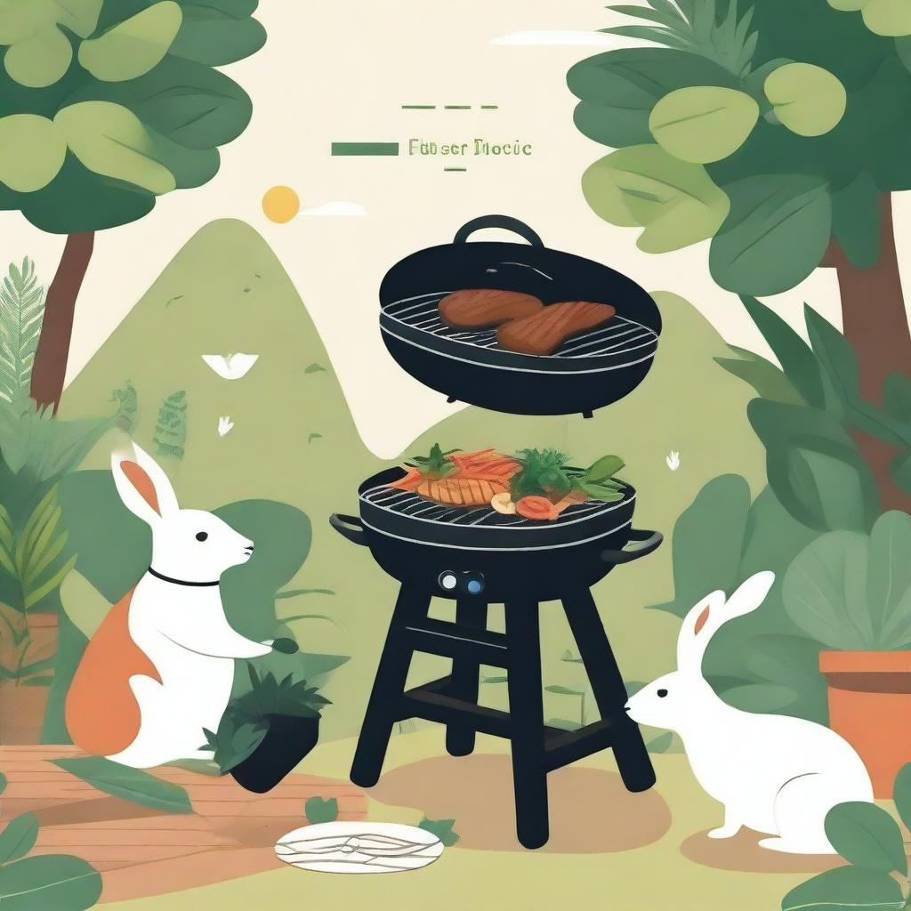 An illustration of an electric grill surrounded by lush plants and friendly animals like birds and rabbits