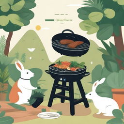 An illustration of an electric grill surrounded by lush plants and friendly animals like birds and rabbits