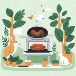 An illustration of an electric grill surrounded by lush plants and friendly animals like birds and rabbits