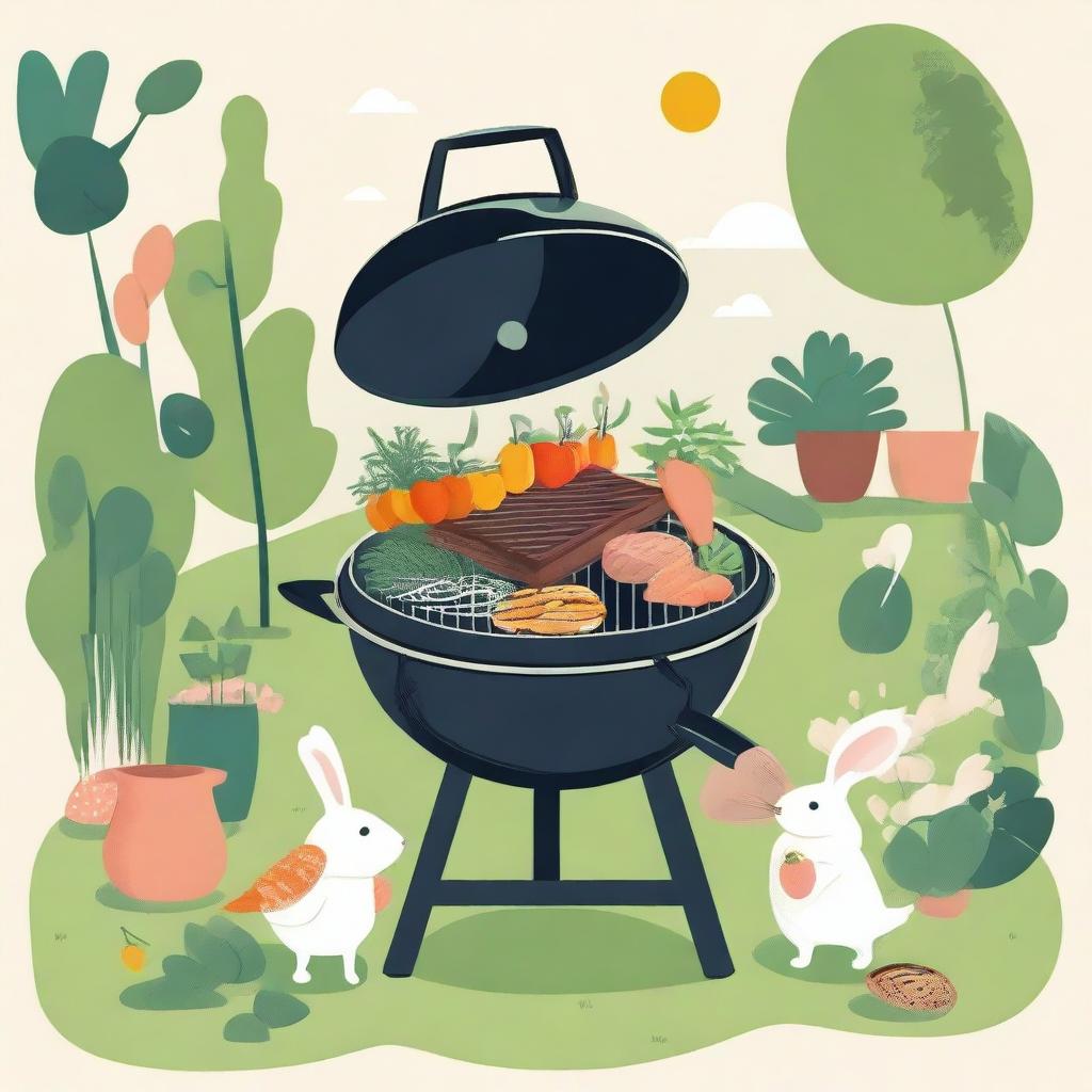 An illustration of an electric grill surrounded by lush plants and friendly animals like birds and rabbits