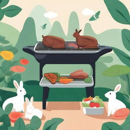 An illustration of an electric grill surrounded by lush plants and friendly animals like birds and rabbits