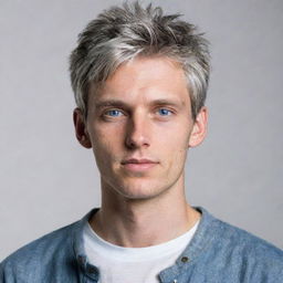 A tall, young man with short, messy, gray hair. He has blue eyes and is dressed in casual style clothing.