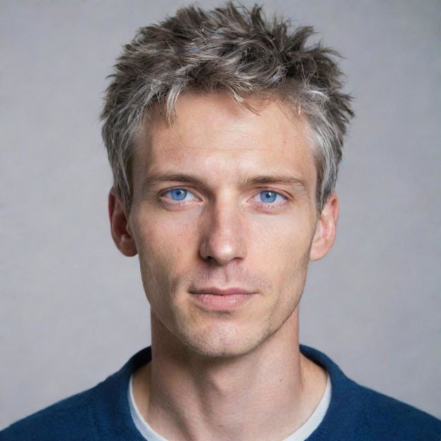 A tall, young man with short, messy, gray hair. He has blue eyes and is dressed in casual style clothing.