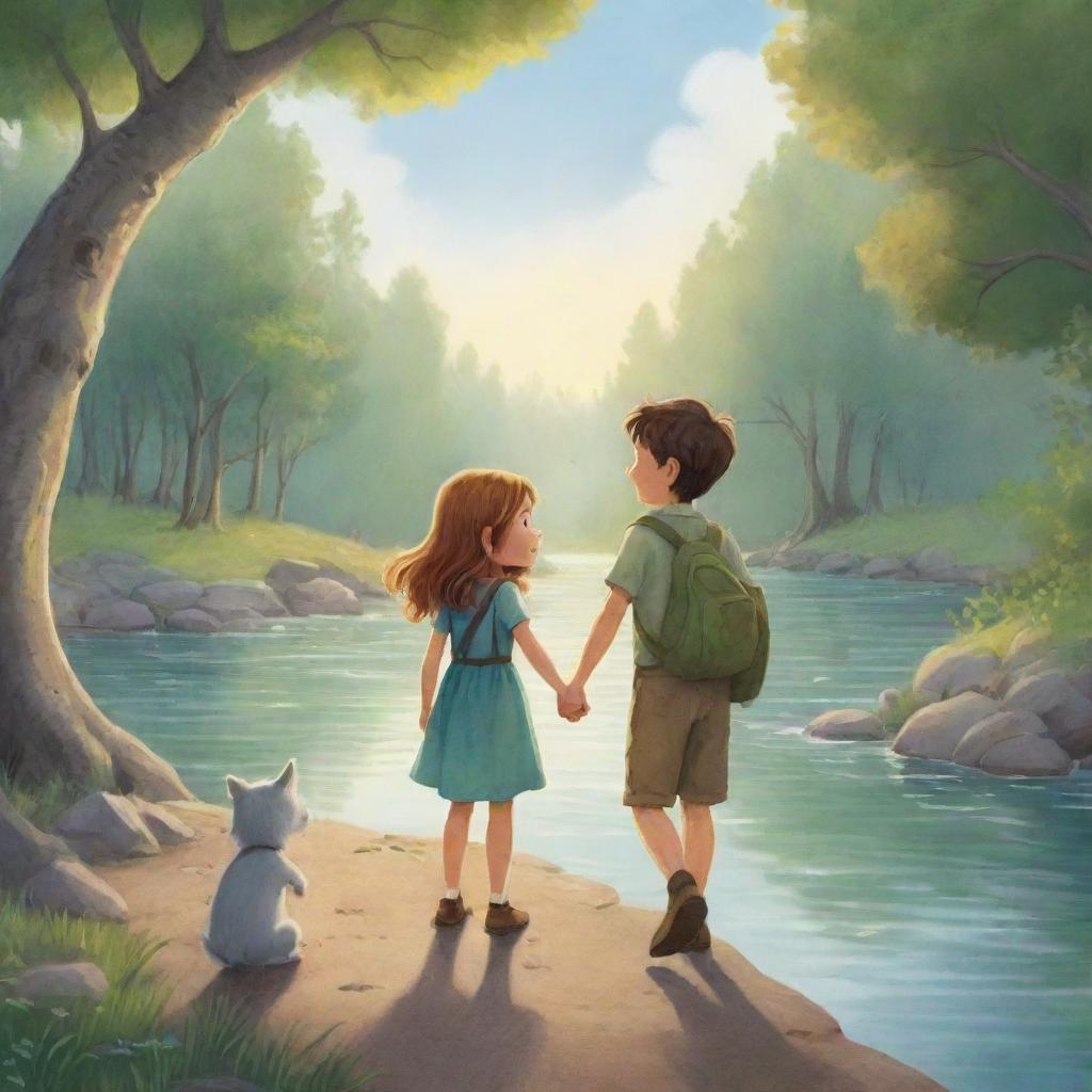 A sweet and uplifting cartoon scene for a children's book depicting the ending sequence where Finn and Fiona wave goodbye, marking the end of their magical journey filled with wonder, lessons, and the beauty of the outdoors.