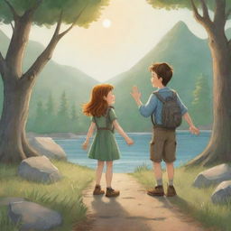 A sweet and uplifting cartoon scene for a children's book depicting the ending sequence where Finn and Fiona wave goodbye, marking the end of their magical journey filled with wonder, lessons, and the beauty of the outdoors.