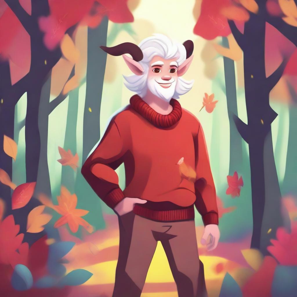 A cute white-haired satyr wearing a cozy red sweater, standing in a whimsical forest setting