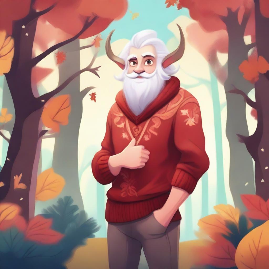 A cute white-haired satyr wearing a cozy red sweater, standing in a whimsical forest setting