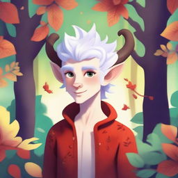 A cute white-haired satyr wearing a cozy red sweater, standing in a whimsical forest setting