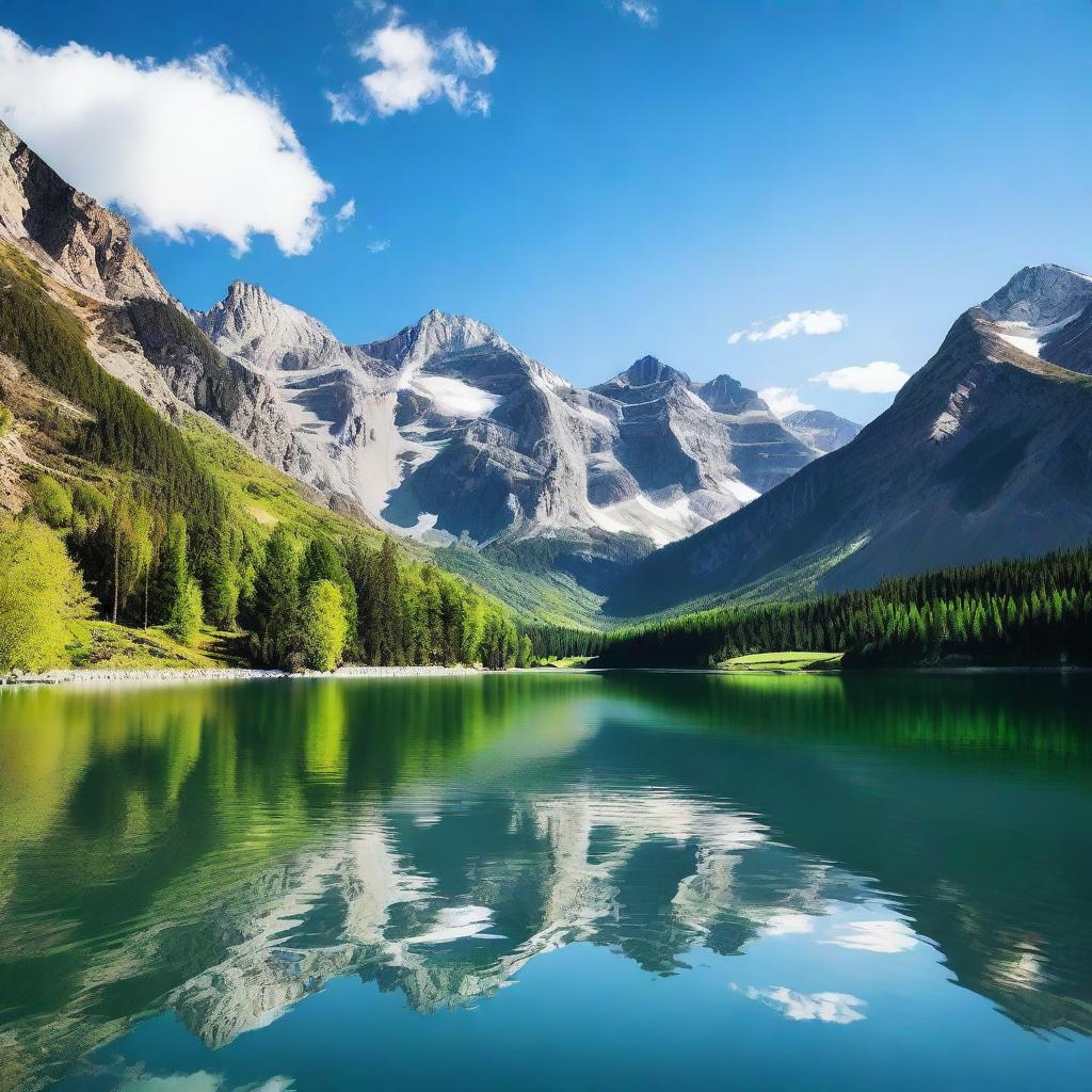 A high-resolution photograph of a beautiful landscape featuring mountains, a serene lake, and a clear blue sky with a few fluffy clouds