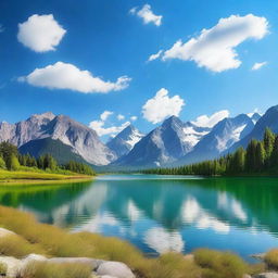 A high-resolution photograph of a beautiful landscape featuring mountains, a serene lake, and a clear blue sky with a few fluffy clouds