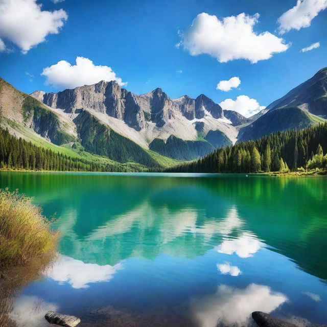 A high-resolution photograph of a beautiful landscape featuring mountains, a serene lake, and a clear blue sky with a few fluffy clouds