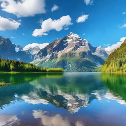 A high-resolution photograph of a beautiful landscape featuring mountains, a serene lake, and a clear blue sky with a few fluffy clouds