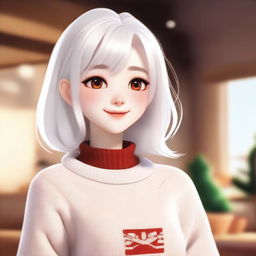 A cute female character with white hair, wearing a white sweater with red accents