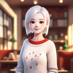 A cute female character with white hair, wearing a white sweater with red accents