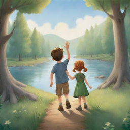 A sweet and uplifting cartoon scene for a children's book depicting the ending sequence where Finn and Fiona wave goodbye, marking the end of their magical journey filled with wonder, lessons, and the beauty of the outdoors.