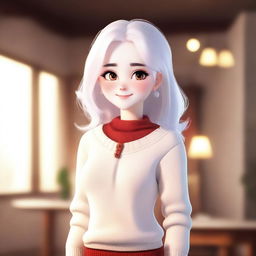 A cute female character with white hair, wearing a white sweater with red accents