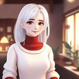 A cute female character with white hair, wearing a white sweater with red accents