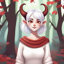 A cute female satyr with white hair, wearing a white sweater with red accents