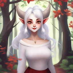 A cute female satyr with white hair, wearing a white sweater with red accents