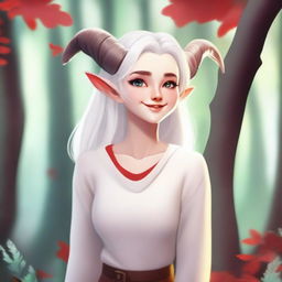 A cute female satyr with white hair, wearing a white sweater with red accents