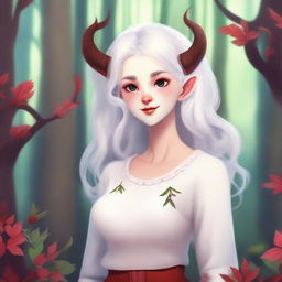 A cute female satyr with white hair, wearing a white sweater with red accents