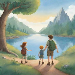 A sweet and uplifting cartoon scene for a children's book depicting the ending sequence where Finn and Fiona wave goodbye, marking the end of their magical journey filled with wonder, lessons, and the beauty of the outdoors.