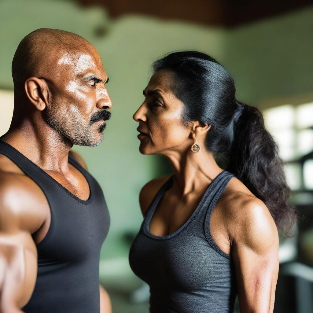 A scene inside a gym where an attractive Indian woman in a tank top with a fit physique is kissing a male gym trainer who appears to be around 40 years old