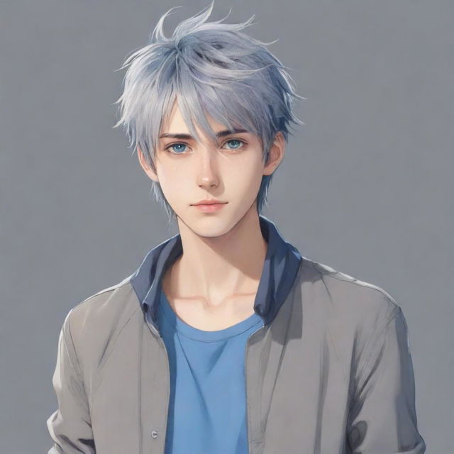 Anime style tall young man with straight, short, gray, messy hair, blue eyes and a casual clothing style