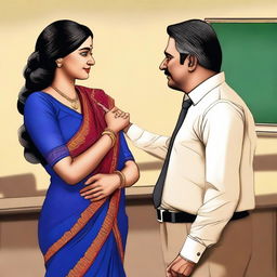 A mature Indian woman in a saree with a voluptuous figure standing in a classroom, engaging in a flirtatious interaction with a male teacher