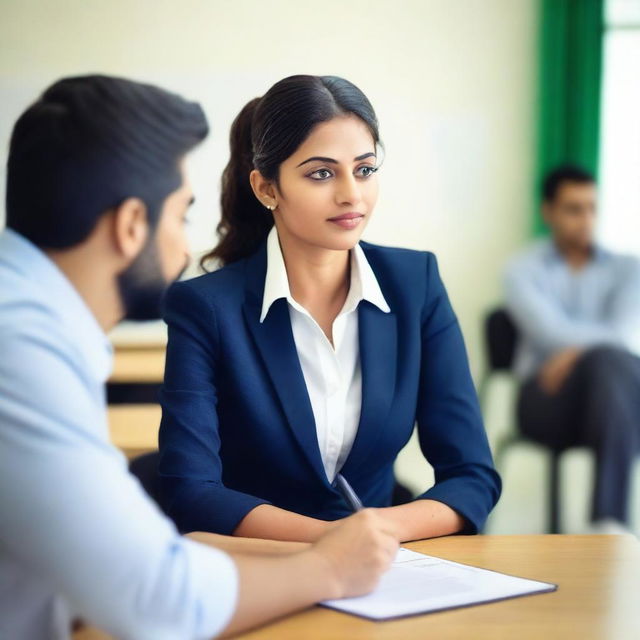 A scene in a classroom where an attractive Indian woman, who appears to be a teacher, is dressed in a formal outfit and has a fit physique