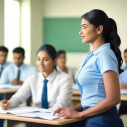 A scene in a classroom where an attractive Indian woman, who appears to be a teacher, is dressed in a formal outfit and has a fit physique