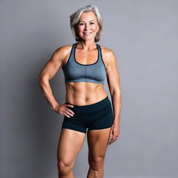 A mature woman in her 50s with an athletic and attractive body, wearing a sport bra and short pants