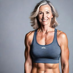 A mature woman in her 50s with an athletic and attractive body, wearing a sport bra and short pants