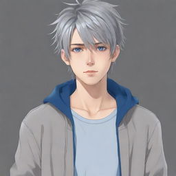 Anime style tall young man with straight, short, gray, messy hair, blue eyes and a casual clothing style